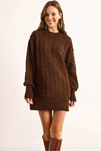 Olalook Women's Brown Tiny Hair Braided Knitwear Tunic Dress Elb-19002534