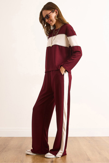 Olalook Women's Burgundy Modal Color Block Tracksuit Set Etkm-0000084