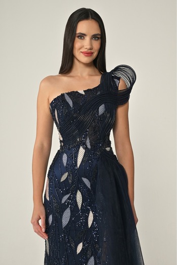 ALFABETA Ek Tulle Sequin Long Evening Dress with Shoulder Draping Alfa Beta