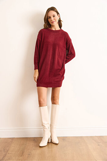 Olalook Women's Burgundy Stand Collar Soft Textured Beard Knitwear Tunic Dress Elb-19002325
