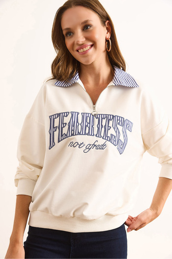 Olalook Women's White Navy Blue Shirt Collar Stripe Garnished Oversize Sweatshirt Swt-19000726