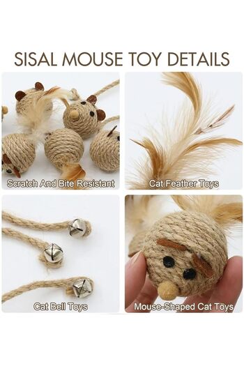 Saharaz Sisal Toys Cat Mouse Natural for Bored Indoor Cats,Mice Animals Toys (6Pcs,Sisal Mice Toys)