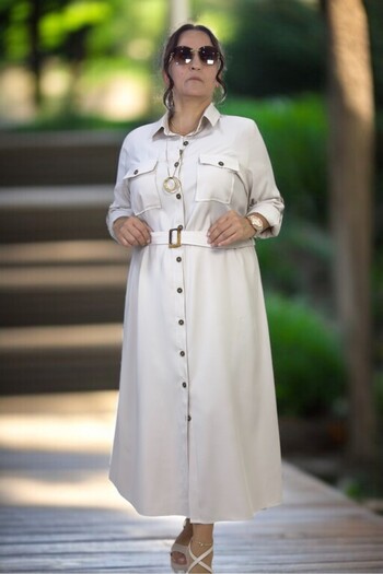 yagmurberen Boydan Buttoned Belt Double Chest Pocket Folding Sleeve Detail Cupro Fabric Plus Size Dress