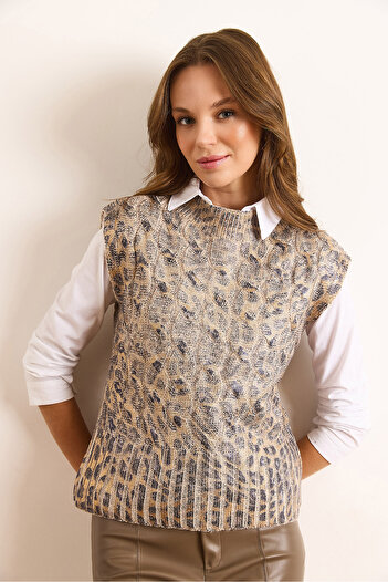 Olalook Women's Gold Leopard Hair Braided Shiny Textured Knitwear Sweater Svt-00000048