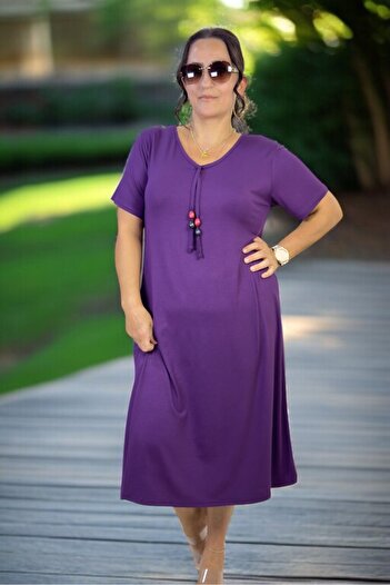 yagmurberen Fullly Flexible Lycra Cotton Fabric Short Sleeve V-Neck Cotton Viscose Plus Size Dress with Bead Detail