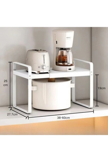 FOXMAG24 Extendable Kitchen Shelf, Metal, 38-60cm Width, 25cm Height, Non-Slip, Easy Clean, 7-10kg, White