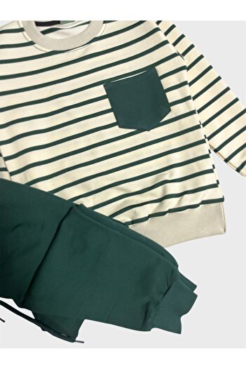 ALİŞ KİDS Boy's 100% Cotton Cream Color Green Striped Long Sleeve Tracksuit Set
