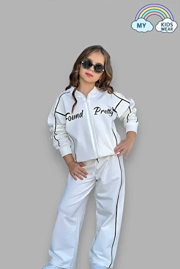 My Kids Wear Girl's White School Tracksuit Set with Writing, Zippered Sports Suit, Ages 5-14, 12032