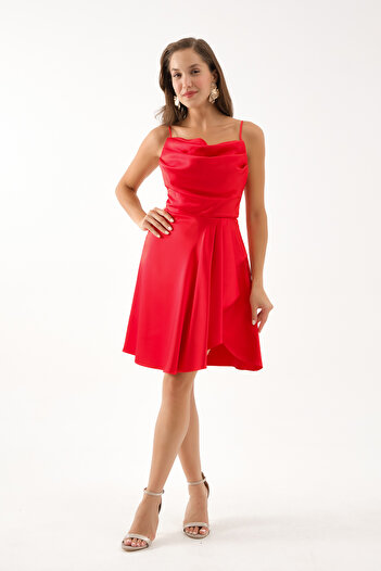Lafaba Women's Red Flounce Slit Short Satin Evening Dress & Homecoming Dress