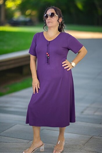 yagmurberen Fullly Flexible Lycra Cotton Fabric Short Sleeve V-Neck Cotton Viscose Plus Size Dress with Bead Detail
