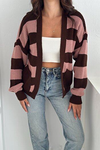 FEMELLE Dusty Rose Colored Striped Knitwear Cardigan - Knitted Standard Size Loose Knitwear Cardigan with Pockets