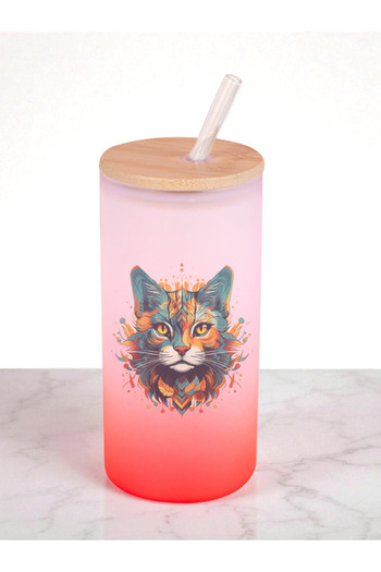 lili hediyelik Flame Cat Printed 600 ml Glass Flask - Water Flask, Drinking Flask, Glass Flask with Straw