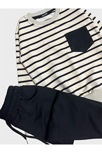 ALİŞ KİDS Boy's 100% Cotton Cream Color Black Striped Long Sleeve Tracksuit Set