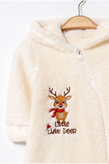 Chicsy Baby Winter Sweet Reindeer Embroidered Hooded Welsoft Zippered Baby Jumpsuit