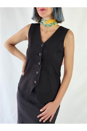 YAXİ V Neck Black Woven Vest Without Lining
