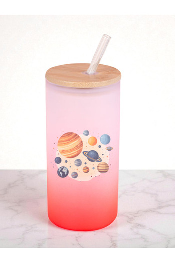 lili hediyelik Karma Planet Printed 600 ml Glass Flask - Water Flask, Drinking Flask, Glass Flask with Glass Straw