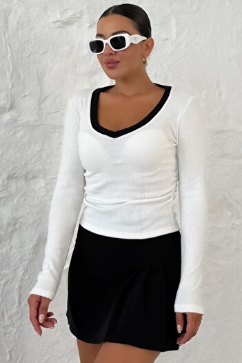 MODAGEN Women's White V-Neck Long Sleeve Interlock Blouse