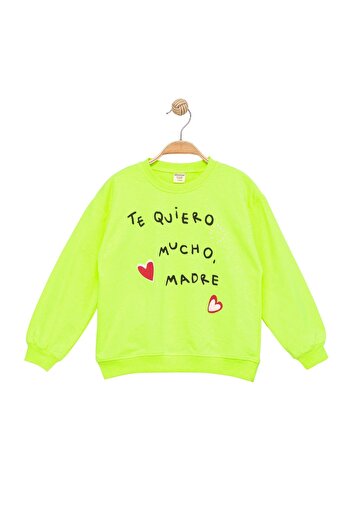 Divonette Girl's Heart Patterned Sweatshirt with Text Print Long Sleeve Children's Green Sweatshirt