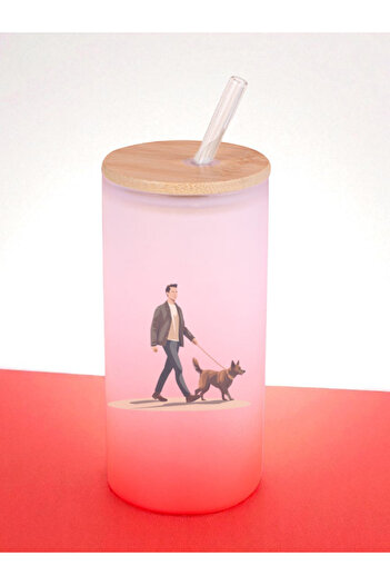 lili hediyelik Dog and Man Printed 600 ml Glass Flask - Water Flask, Drinking Flask, Glass Flask with Straw