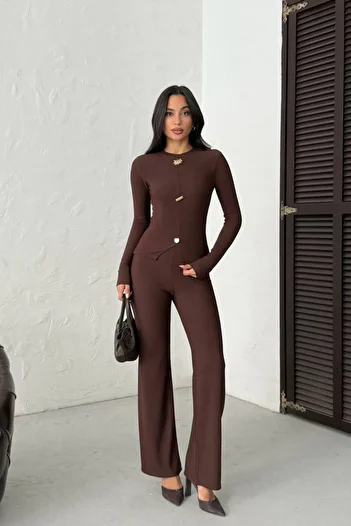 MİROR Women's Brown Ottoman Fabric Stylish Double Set with Button Detail