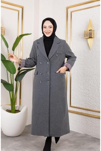 Hb Harma Time Butik Women's Lined Buttoned Pocket Long Anthracite Cashmere Coat