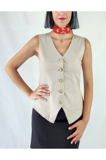 YAXİ V Neck Unlined Beige Woven Vest