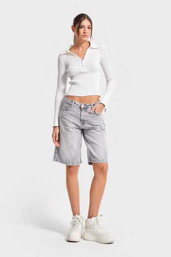 its basic Women's Gray Color 4S5-12 Baggy Bermuda Fit 100% Cotton Maxi Length Denim Shorts