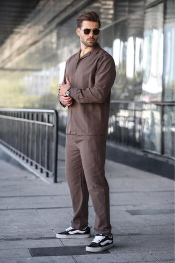 Madmext Brown Relaxed Fit Men's Linen Shirt Pants Set E7327