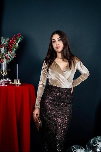 Sezgi Tekin Double-Breasted Collar Gold Velvet Bodysuit Velvet Blouse