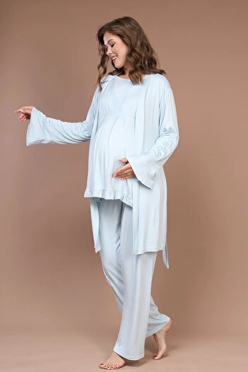 TREND Kruvaze Sabahlıklı Lohusa Hamile Pijama Takımı Mavi - 625
