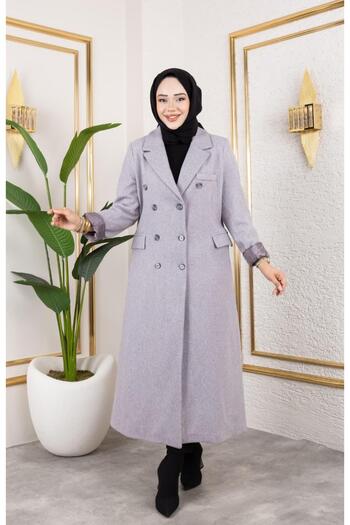 Hb Harma Time Butik Women's Lined Buttoned Pocket Long Gray Cashmere Coat