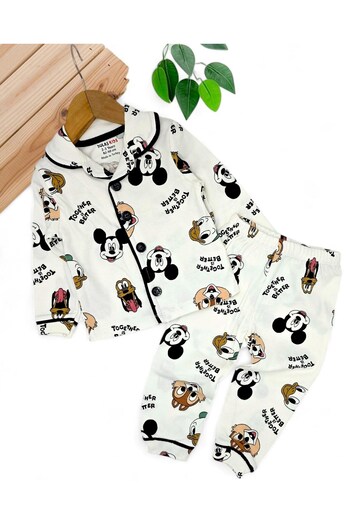 Ege Bebek Boy's Mixed Cartoon Character Printed Double Breasted Collar Seasonal Nightgown Pajama Set