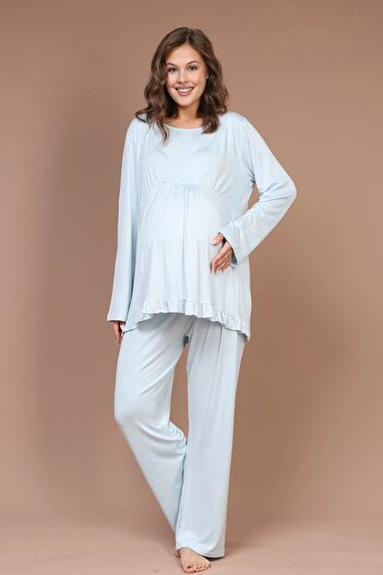 TREND Kruvaze Sabahlıklı Lohusa Hamile Pijama Takımı Mavi - 625