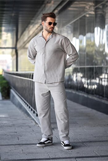 Madmext Stone Color Relaxed Fit Men's Linen Shirt Pants Set E7327