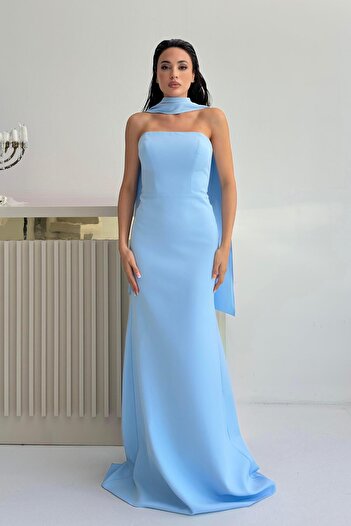 Serica Moda Βρεφικό μπλε βραδινό φόρεμα στράπλες με λεπτομέρεια με γιακά με σάλι