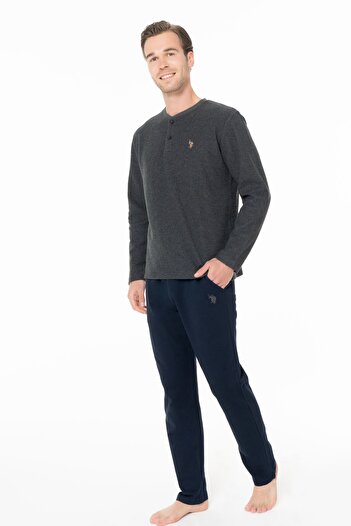 U.S. Polo Assn. U.S. Polo Assn. 18966 Men's Long Sleeve Three Button Collar Pajama Set-Anthracite