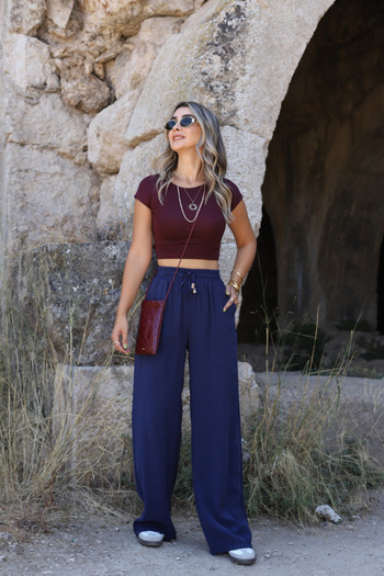 bytugcekaya Navy Blue Beaded Drawstring Palazzo