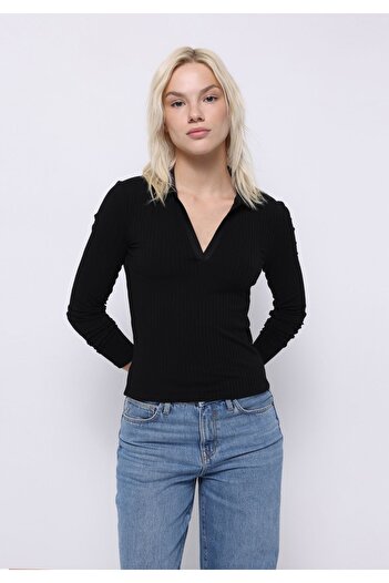Colin's Slim Fit Polo Neck Plain Women's Black Long Sleeve T-Shirt
