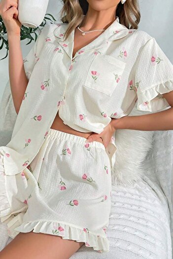 NEEWSTORE Ruffled Ecru Patterned Pajama Set