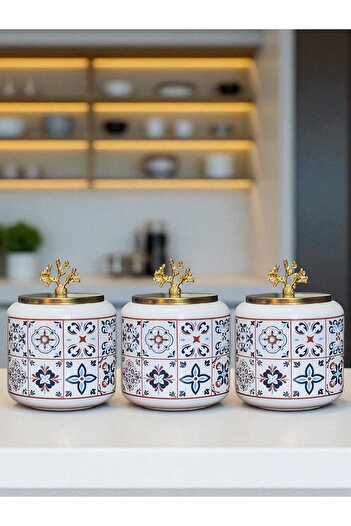 ferayhome Spice Jar Set of 3 Oval Large Size Coffee Corner Set 1400 ml (Tea, Coffee, Sugar) Ceramic Pattern Gold
