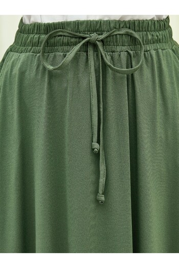 Modamorfo Waist Lace-Up Elasticated Pocketed Combed Cotton Skirt - Khaki
