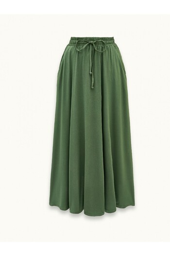 Modamorfo Waist Lace-Up Elasticated Pocketed Combed Cotton Skirt - Khaki