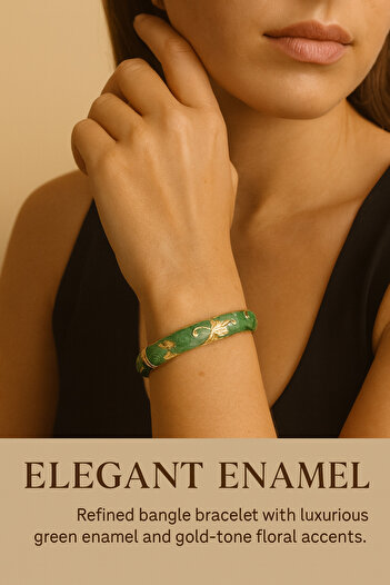 Enjoy Elegant Women's Bracelet with Gold Flower Pattern on Green Enamel Vintage Special Design