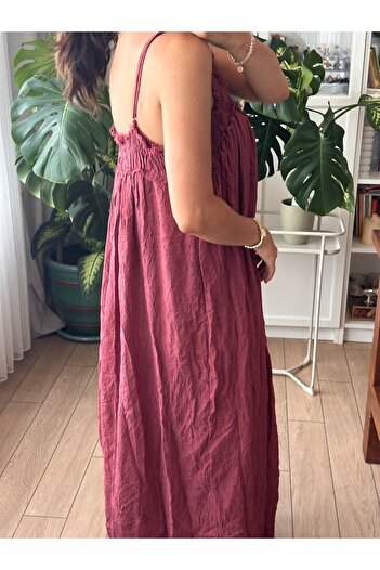 Store Bordo Renk Keten Dokulu İnce Askılı Uzun Elbise
