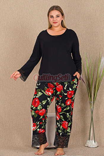 quilling Black Color Rose Patterned 11422 Women's Long Sleeve Plus Size Mother Pajamas Set