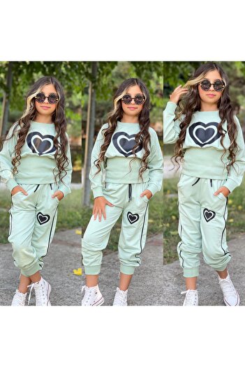 KOKOŞ BEBEK Heart Detailed Elastic Waist Girls' Set |   3-12 Years Old