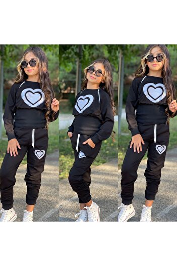 KOKOŞ BEBEK Heart Detailed Elastic Waist Girls' Set |   3-12 Years Old