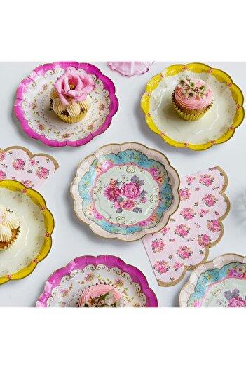 erorex Vintage Floral Paper Plates Pack 24 Pink, Blue, Yellow, Scalloped Edge, Truly Scrumptious,