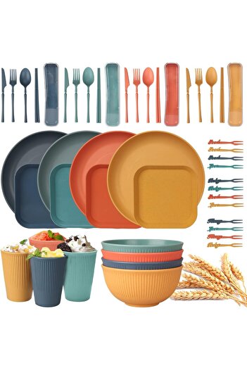 erorex 48Pcs Unbreakable Dinnerware Sets 4 People, Camping Plates Bowls Set, Plastic Picnic Dinner Sets,
