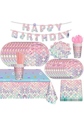 erorex 92 Pcs Mermaid Party Supplies Kids Birthday Tableware Plate, Napkin, Cup, Fork Ocean Themed